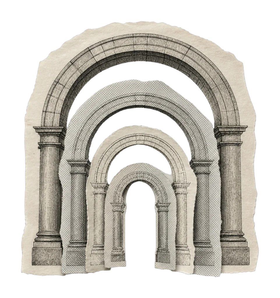 Collage of nested Roman arches built from torn archival paper, engraving and gold leaf