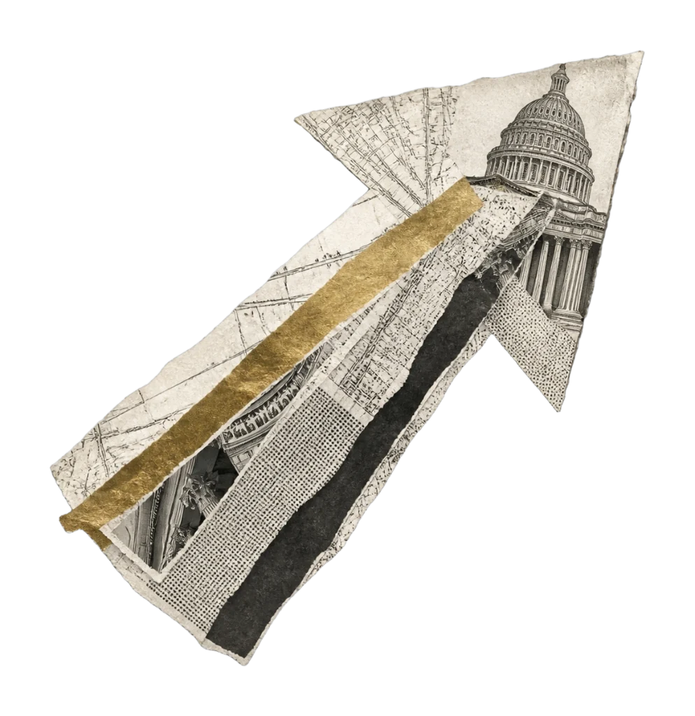 Collage of a gold arrow cut from torn newsprint and blueprint over a fragment of the Capitol
