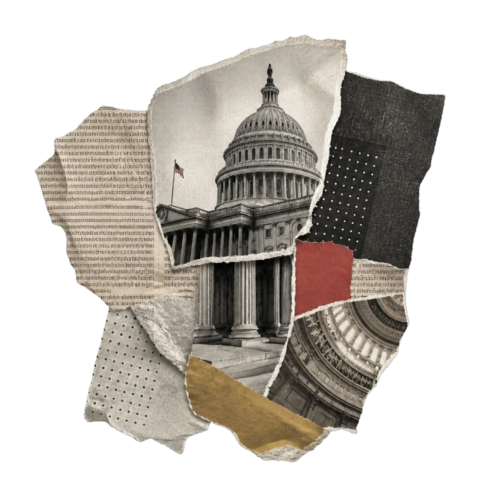 Collage of the Capitol dome assembled from newspaper, carbon paper, gold leaf and red fragments