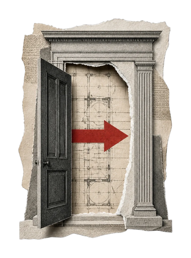 Collage of an open classical doorway revealing a blueprint wall with a red arrow