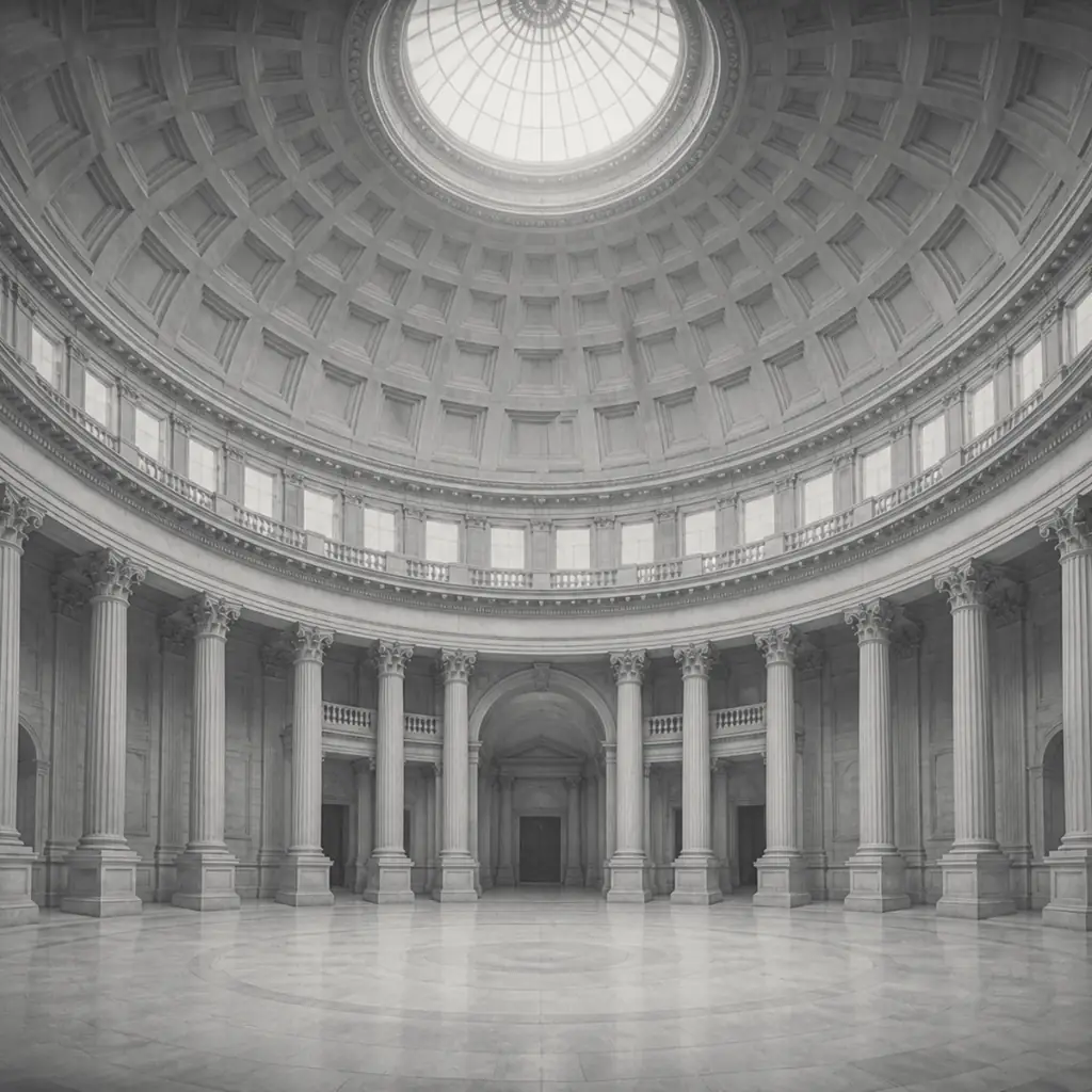 Coffered dome and colonnade of a neoclassical rotunda